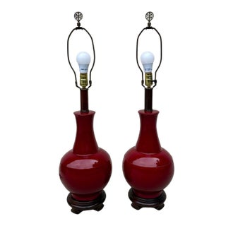 Pair of Vintage Chinese Oxblood Red Glazed Ceramic Table Lamps – 33.5" For Sale