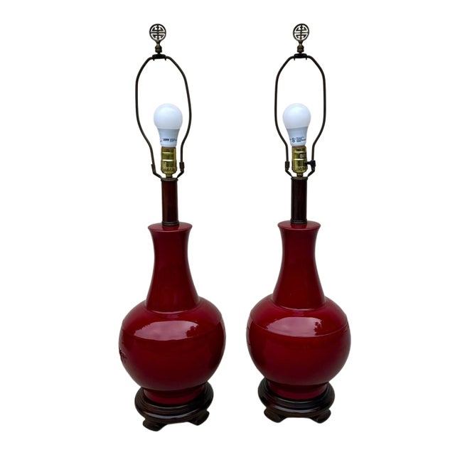 Pair of Vintage Chinese Oxblood Red Glazed Ceramic Table Lamps – 33.5" For Sale