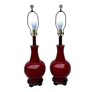 Pair of Vintage Chinese Oxblood Red Glazed Ceramic Table Lamps – 33.5"