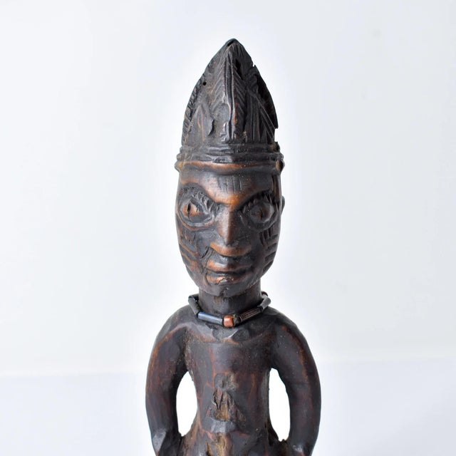 Early 20th Century Yoruba Ibeji Male Figure With Glass Bead Necklace Nigeria For Sale - Image 4 of 13
