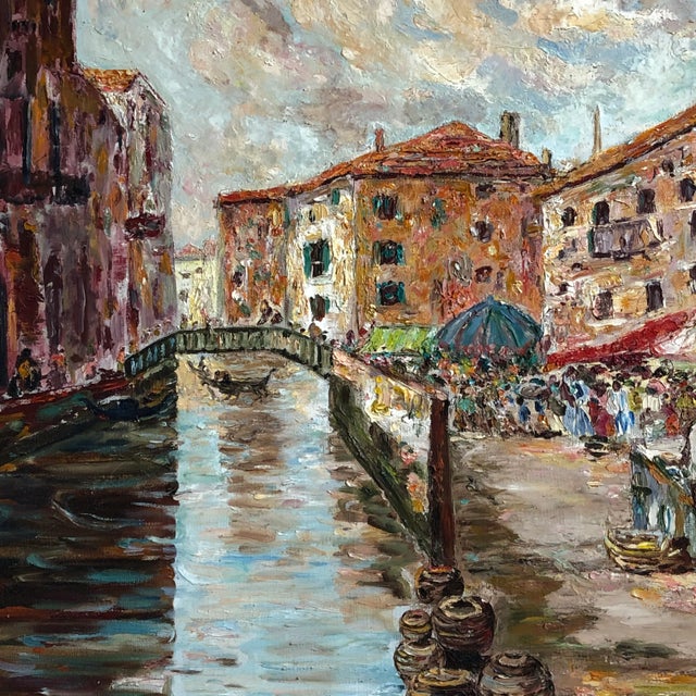 Cream 1954 Venetian Cityscape Oil Painting, Framed For Sale - Image 8 of 13