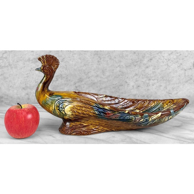 - Original 1960's Figural Peacock Ceramic Candy Dish - Unusually Styled Dish with Vibrant Multicolored Drip Glaze -...
