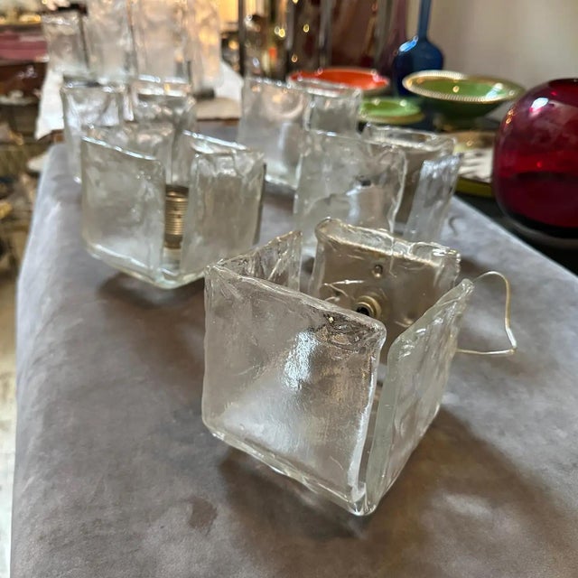Transparent 1970s Modernist Ice Murano Glass Square Wall Sconces by Toso For Sale - Image 8 of 12