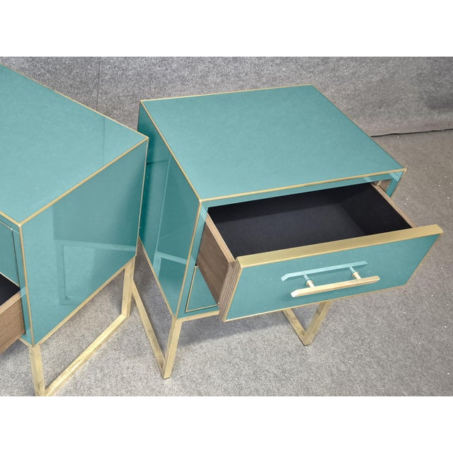 Gold Handmade Wood Azure Bedside Tables with Brass Edging, Set of 2 For Sale - Image 8 of 9