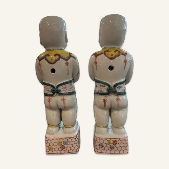 Pair of Late 19th Century Famille Verte Reproduction Porcelain Boys Holding Lotus Flowers For Sale - Image 4 of 6