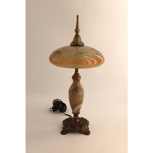 Vintage Art Nouveau Blown Glass Table Lamp W/ Brass Base, Caramel Slag, Houze For Sale In Dallas - Image 6 of 15