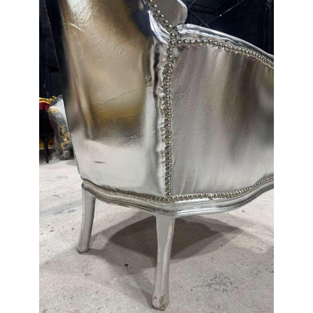 French Throne Chair – Silver Leather High-Back For Sale - Image 4 of 9