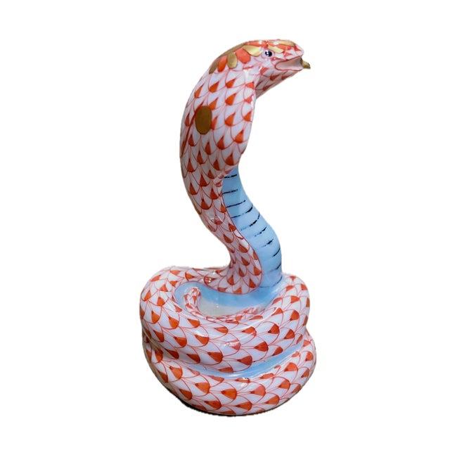Vintage Herend Hungarian hand painted cobra snake figurine. Glazed white porcelain featuring delicately painted rust red...