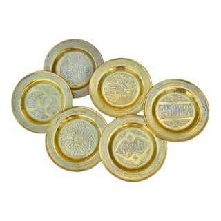 Early 20th Century Hand-Engraved Moorish Calligraphy-Patterned Coasters- S/6 For Sale
