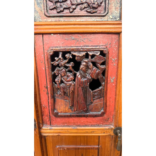 Vintage Chinese Carved Wood Food Cabinet With Figural Panels & Geometric Latticework For Sale - Image 13 of 14
