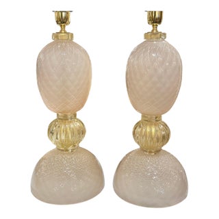 Murano Pink and Gold Glass Lamps - a Pair For Sale
