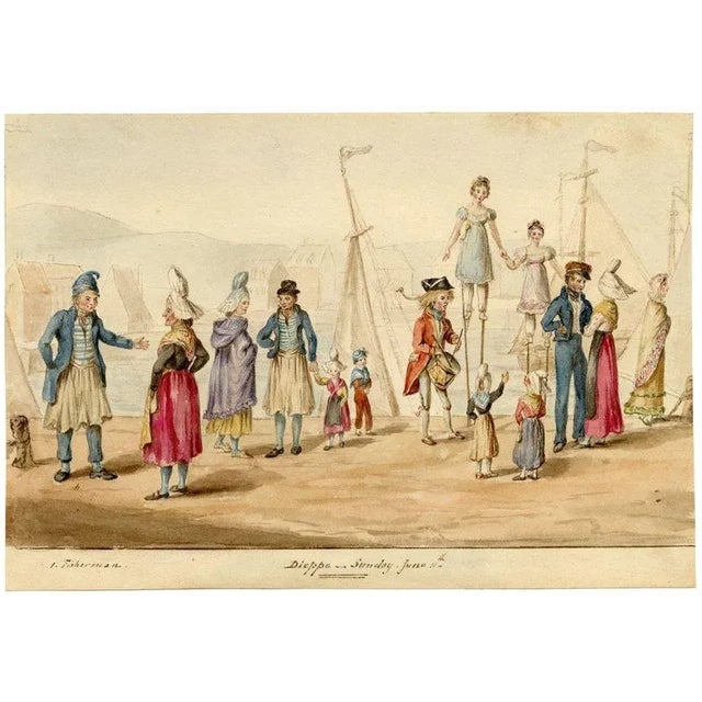 An original 1820s watercolour painting Figures on Dieppe Quayside, Sunday.A charming drawing in brown ink and wash...