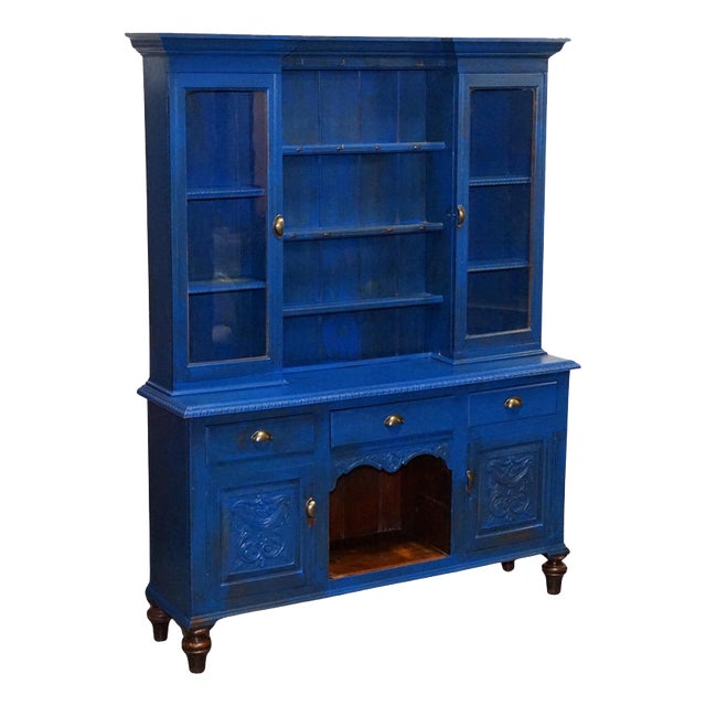 Antique Victorian Vibrant Blue Hand-Painted Kitchen Cupboard For Sale