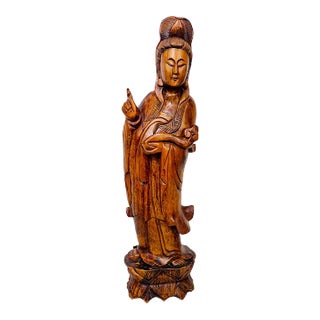 Large Vintage Hand Carved Solid Wood 4.5 Foot Standing Kwan Yin/Guanyin Statue For Sale