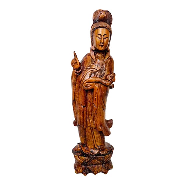 Large Vintage Hand Carved Solid Wood 4.5 Foot Standing Kwan Yin/Guanyin Statue For Sale