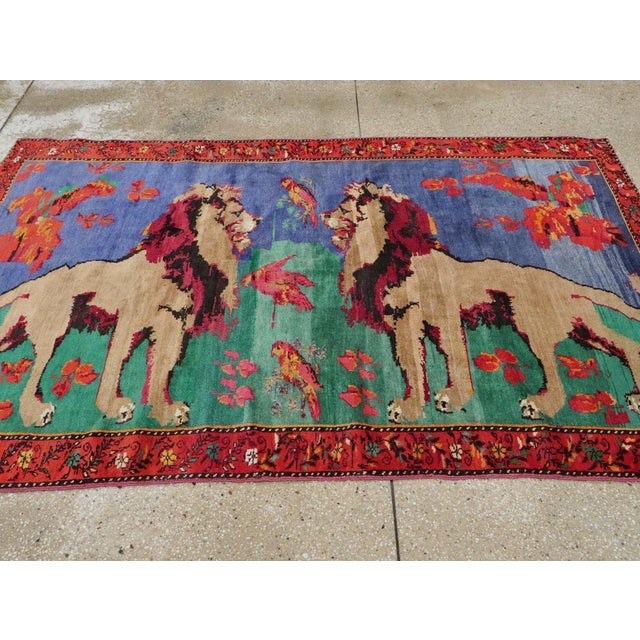 Galerie Shabab Collection Mid-20th Century Handmade Caucasian Karabagh Pictorial Lion Accent Rug For Sale - Image 4 of 9