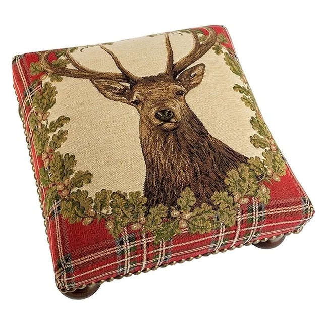 English 00 English Traditional Stag Motif Red Tartan Tapestry Footstool For Sale - Image 3 of 3
