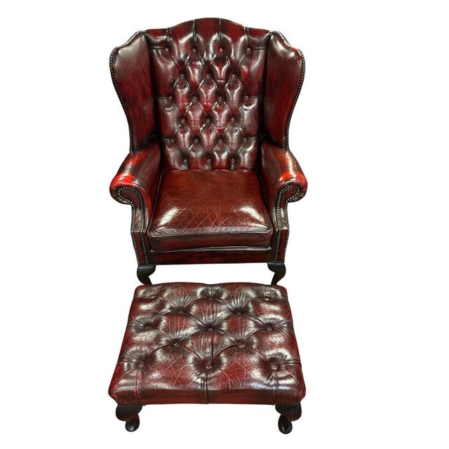English Chesterfield Wingback Chair with Ottoman, Set of 2 For Sale - Image 11 of 11