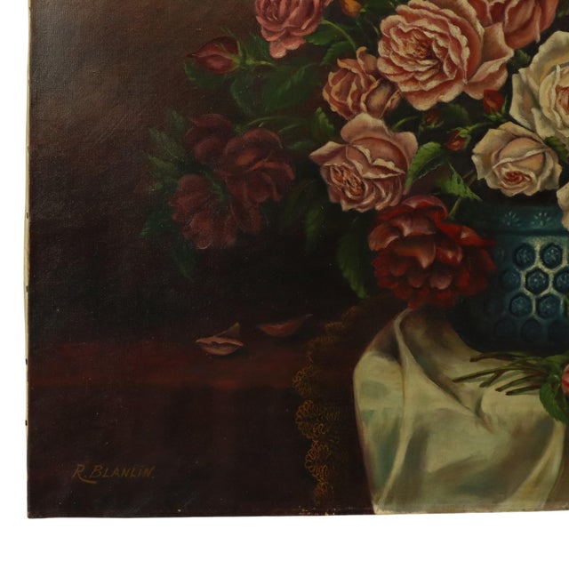 R. Blanlin, Large Floral Still Life with Rose Bouquet, Oil on Canvas For Sale - Image 8 of 16