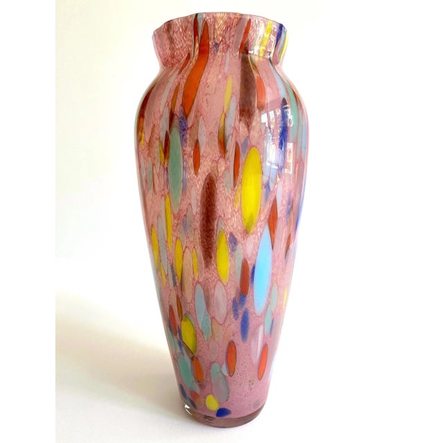 Vintage 1980's Post Modern Abstract Hand Blown Studio Art Glass Multicolor Tall Flower Vase For Sale - Image 12 of 13