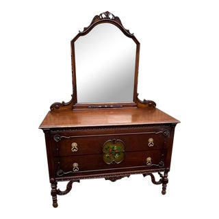 Early 20th Century Antique William and Mary Style Hand Painted Walnut Carved Dresser With Mirror. For Sale
