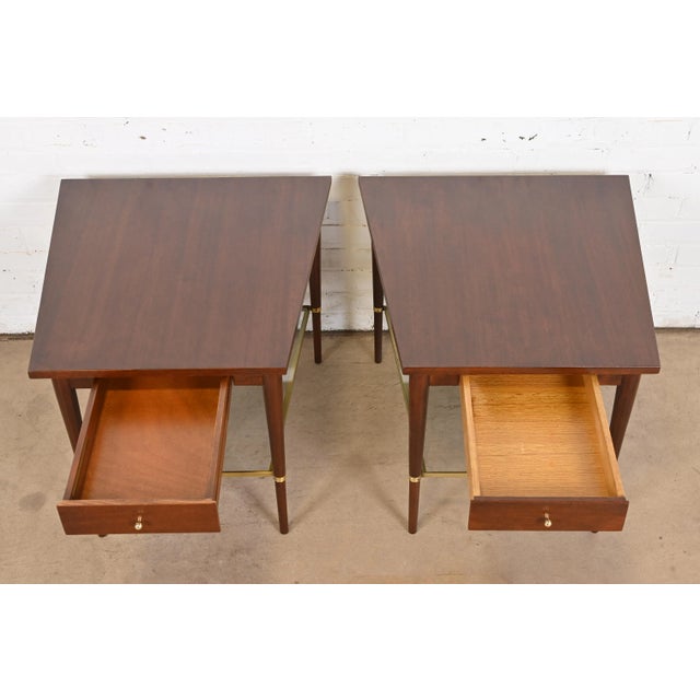 Wood Paul McCobb Connoisseur Collection Mahogany and Brass Wedge Nightstands or Side Tables, Newly Refinished For Sale - Image 7 of 12