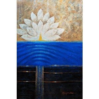 Blue Beige White and Black Lotus Flower Abstract Painting on Canvas For Sale