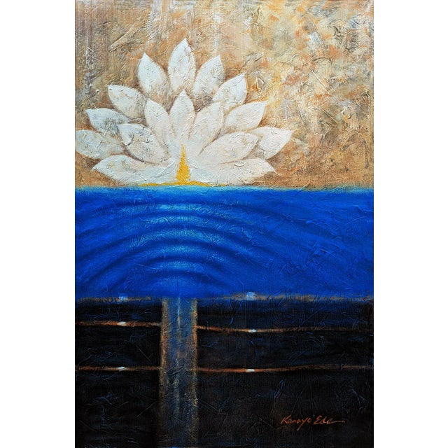 Blue Beige White and Black Lotus Flower Abstract Painting on Canvas For Sale