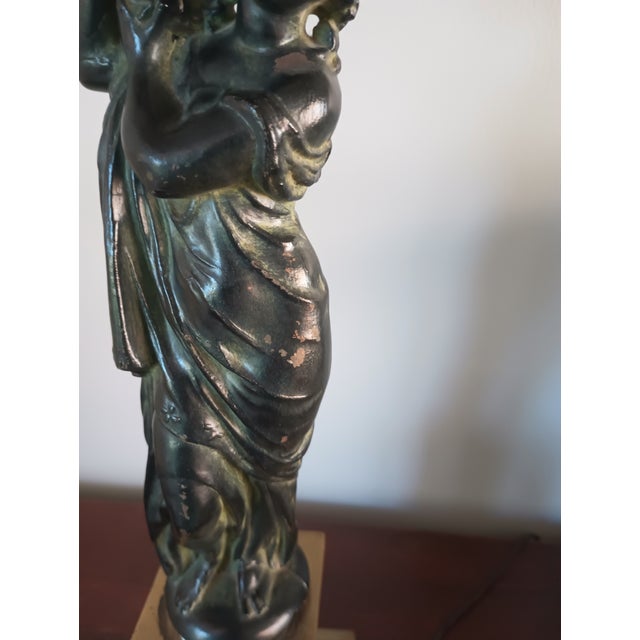 1940 Art Nouveau Bronze and Brass Figural Statue Table Lamp With Shade For Sale In Chicago - Image 6 of 12