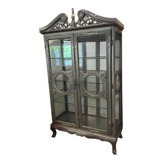 Vintage Italian Ornate Wood Silver Gilt Glass Display Cabinet Vitrine For Sale