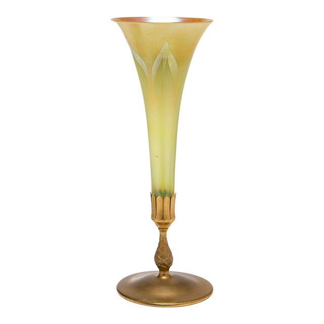20th Century l.c. Tiffany Favrile Glass and Gilt Bronze Trumpet Vase, No. 1043 For Sale
