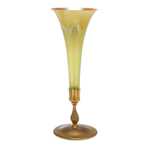 20th Century l.c. Tiffany Favrile Glass and Gilt Bronze Trumpet Vase, No. 1043