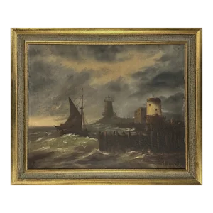 Antique 19th C. Continental Stormy Seascape With Sailboat and Lighthouse, Signed (Oil on Canvas)
