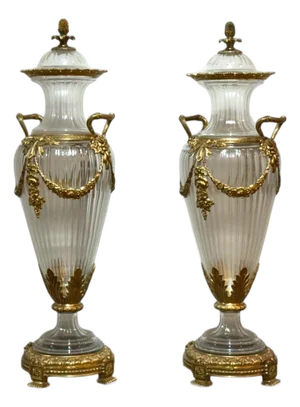 20th Century Louis XVI Style Crystal Bronze Monumental Lidded Urns, Italy- Set of 2