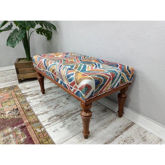 Cerulean Boho Chic Rug Print Fabric Upholstered Piano Bench For Sale - Image 8 of 10