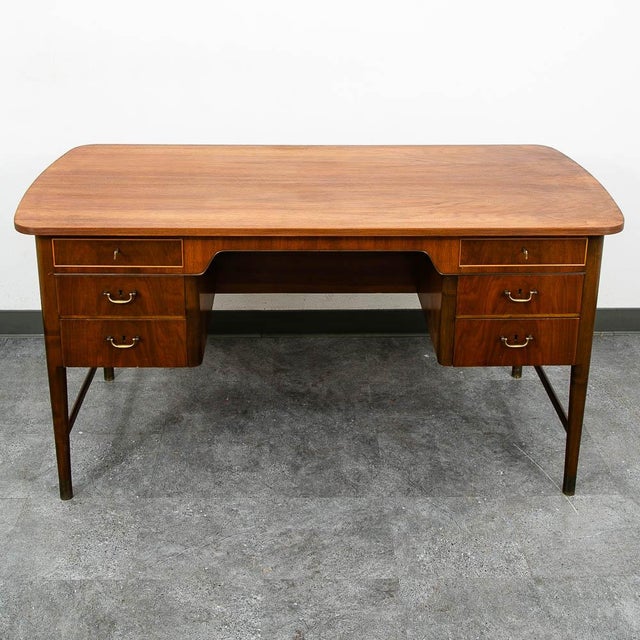 Brown Mid Century Danish Modern Desk Executive Walnut 6 Drawer Locking Cabinet Wood For Sale - Image 8 of 10