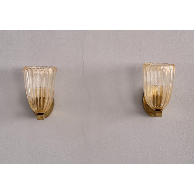 Italian Art Deco Style Brass and Murano Glass Wall Sconces, 1990s, Set of 2 For Sale - Image 3 of 16