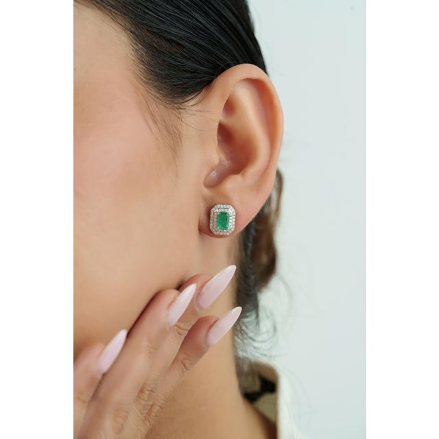 Not Yet Made - Made To Order 1.3Ct Emerald and Diamond Double Halo Stud Earrings in 14k Gold- A Pair For Sale - Image 5 of 16