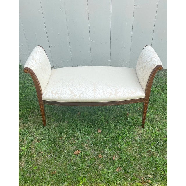 Hepplewhite Antique Hepplewhite Mahogany Window Seat/Bench With Inlay and Bellflowers For Sale - Image 3 of 11