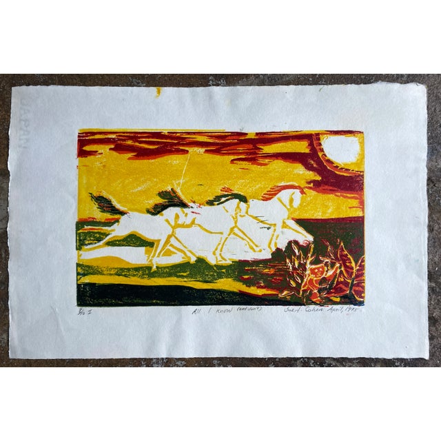 1975 screenprint by Sue Cohen of three running horses. Equestrian print pencil signed, dated, titled "All I Know (and...