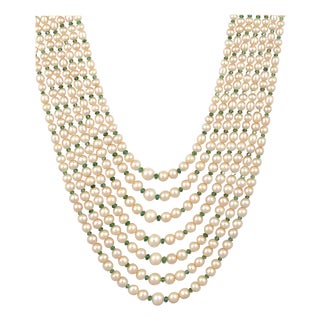 7Layer Fresh Water Pearl , Emerald Bead + 14K Spacer Clasp Opera Length Necklace For Sale
