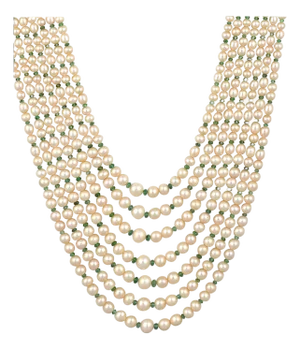 7Layer Fresh Water Pearl , Emerald Bead + 14K Spacer Clasp Opera Length Necklace