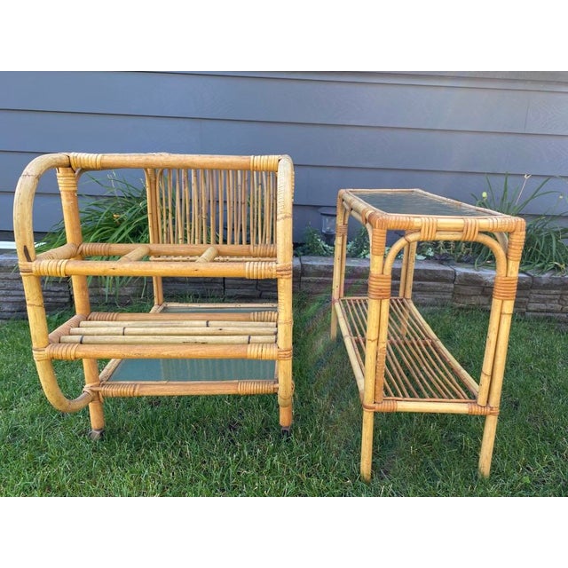 1950s Mid Century Bamboo and Rattan Bar Cart Trolley - Set of 2 For Sale - Image 4 of 12