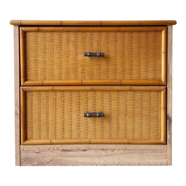 Boho Chic Wood Grain Laminate Faux Bamboo & Wicker Nightstand For Sale