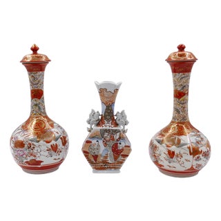 Antique Japanese Kutani Vases, 19th Century, Set of 3 For Sale