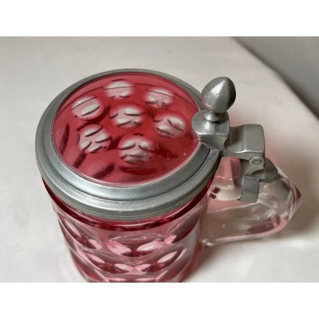 Rare Antique Hand Cut to Clear Ruby Glass Pewter Czech Lidded Beer Stein Mug For Sale - Image 9 of 12