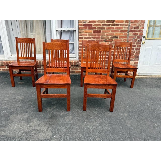 Late 20th Century Art & Craft Style Mission Oak Dining Chairs by A- American Furniture Solid wood frame, spindle back,...