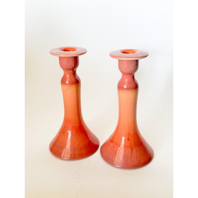 Art Deco Antique Tiffin Carrara Coral Slag Glass Candlesticks, a Pair For Sale - Image 3 of 10