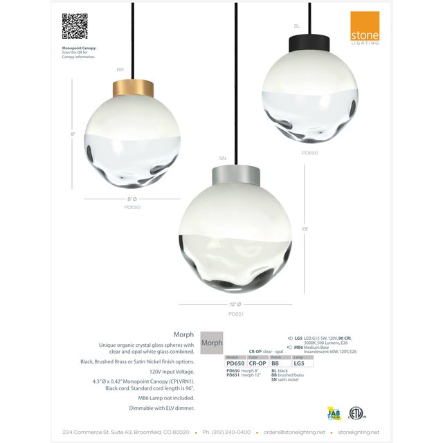 Stone Lighting Pd650 Morph 8" Pendant Light – Satin Brass & Clear Crystal Glass – New Open Box For Sale In Dallas - Image 6 of 6