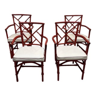 Mid-Century Red Rattan Chairs With White Vinyl Cushions - Set of 4 For Sale